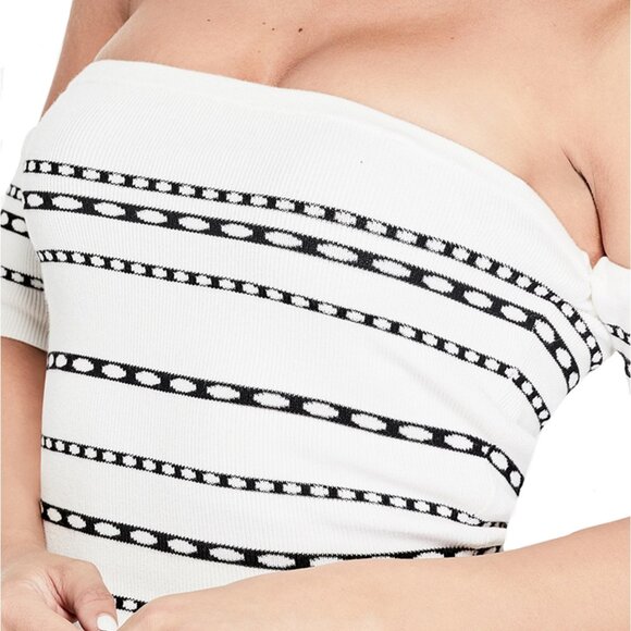 GUESS, Celia Off-The-Shoulder Cropped Sweater, Whisper White/Jet Black, Size M - Picture 3 of 3